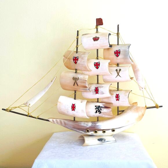 Vtg Handmade Clipper Ship Sailboat Boat Horn Coat of Arms Crest Sailing - Picture 14 of 14